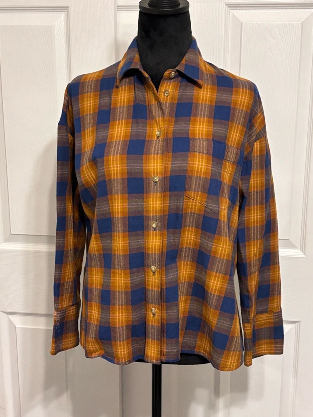 Madewell Blue Orange Plaid Button Down 3/4 Sleeve Flannel Shirt Women’s Small
